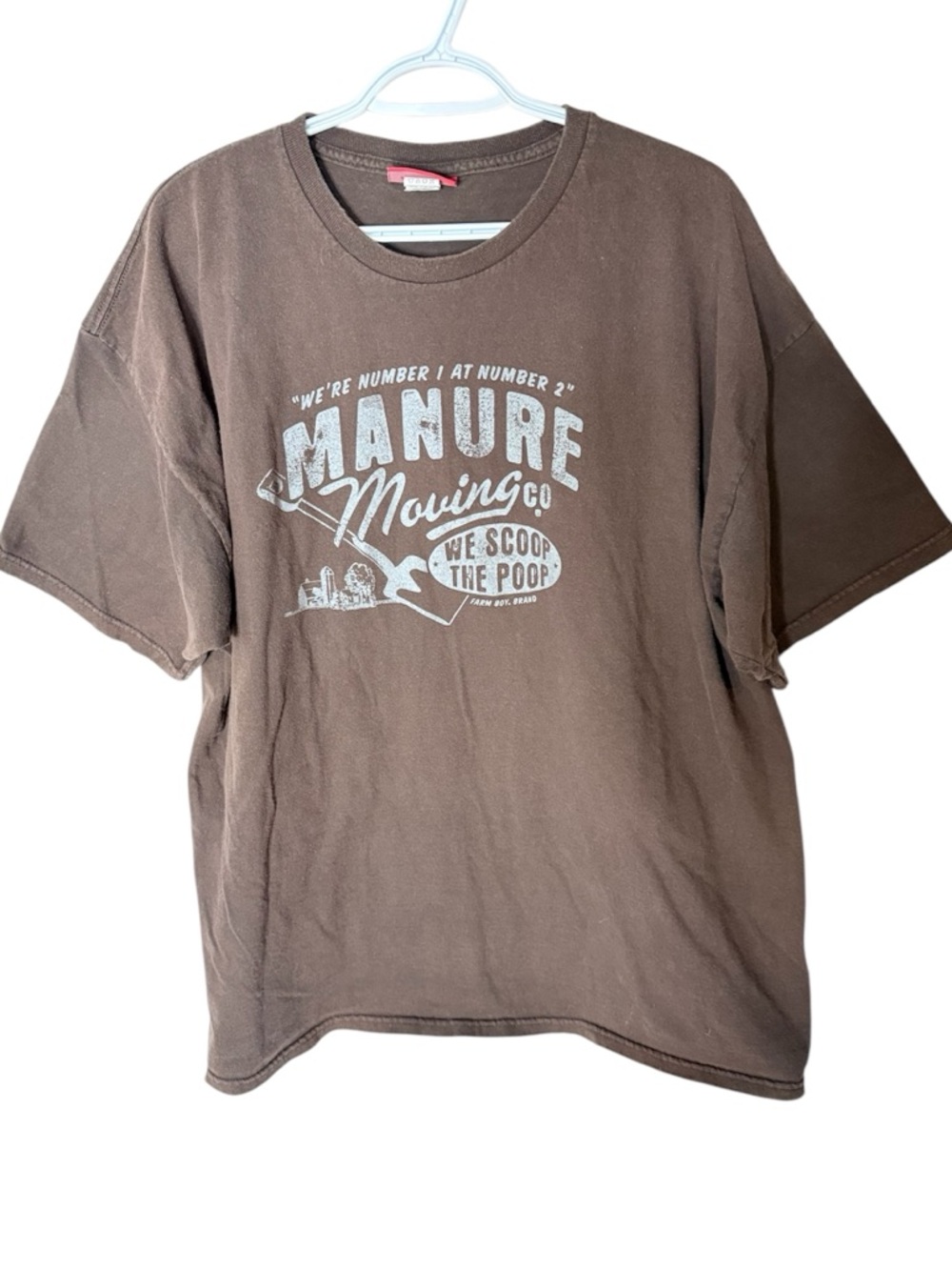 FARMBOY Men’s Brown Short Sleeve Graphic T-shirt Manure Moving Scoop Poop Sz 2XL